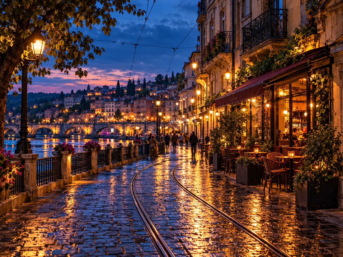Illustrative warmly lit riverside street at dusk