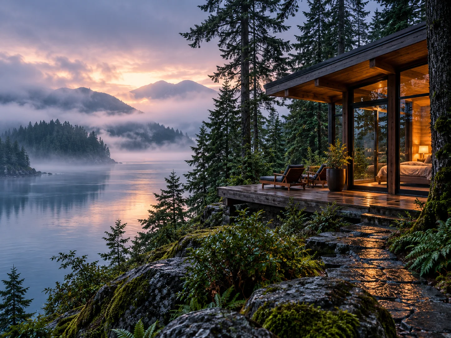 Illustrative misty lakeside retreat among evergreens